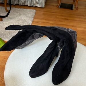 Impo Stretch, knee high boots with heel, black suede with gray snake, size 7.5